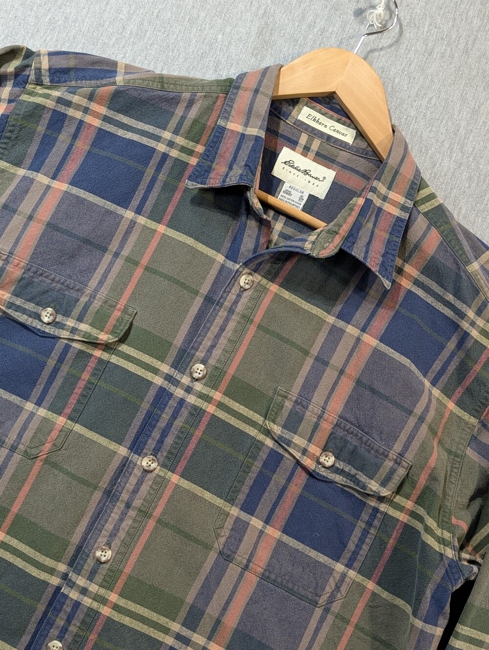 Eddie Bauer Elkhorn Canvas Plaid Shirt Men's XL Regular Blue Green